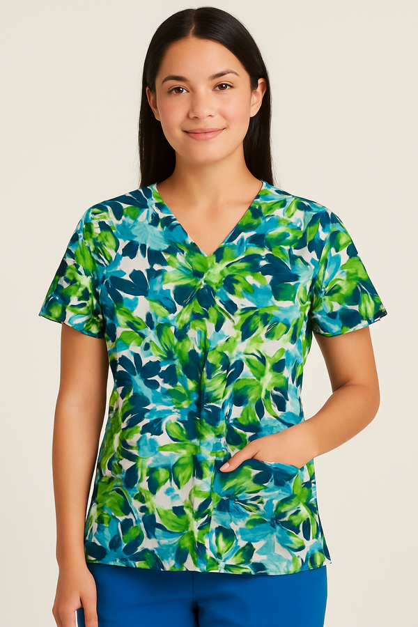 Floral Energy Scrub Top – Blue & Green Edition
