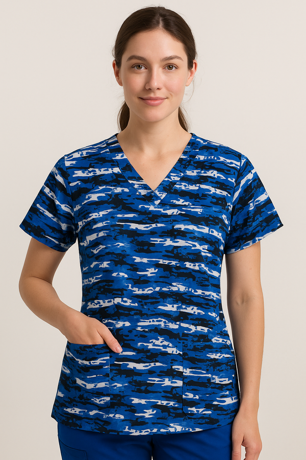 Blue Camouflage V-Neck Scrub Top